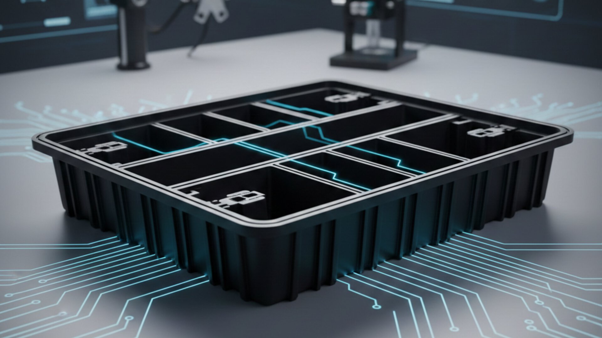 Bandeja ESD para componentes electrónicos automotrices con protección electrostática - CANDEA Plastics